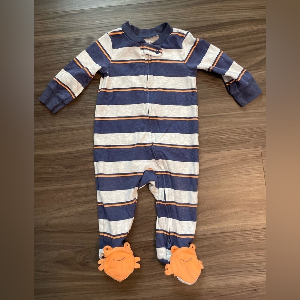 Striped Blue and Gray Kids One Piece with Orange Accents size 6M
